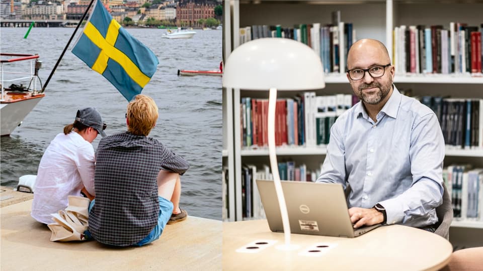 Kollage av två bilder. Till höger syns en man i glasögon och mörkblå kavaj. Till vänster syns två turister som sitter på en brygga och tittar ut över Stockholm. 