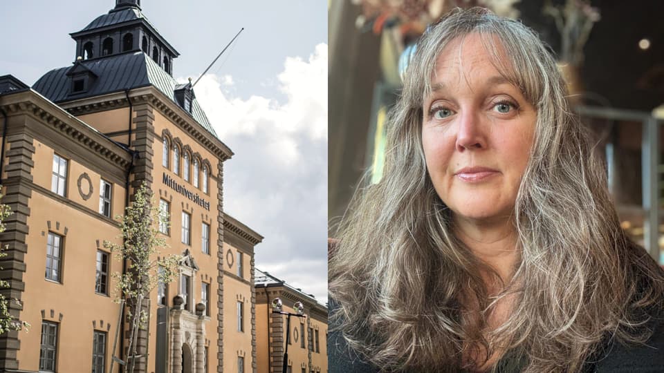 Två bilder i ett kollage. Till vänster klockhuset på Mittuniversitetets campus i Östersund. Till höger en porträttbild av en kvinnlig forskare, Rosemarie Ankre.
