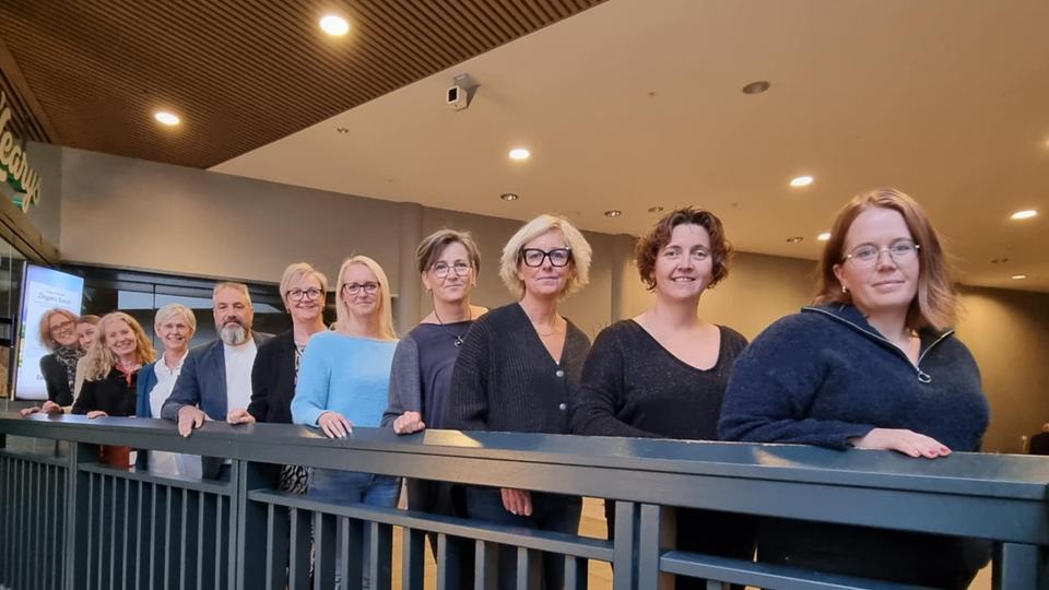 Ett tiotal kontorskläddda personer, både kvinnor och män, står uppradade längs ett räcke och tittar in i kameran. 