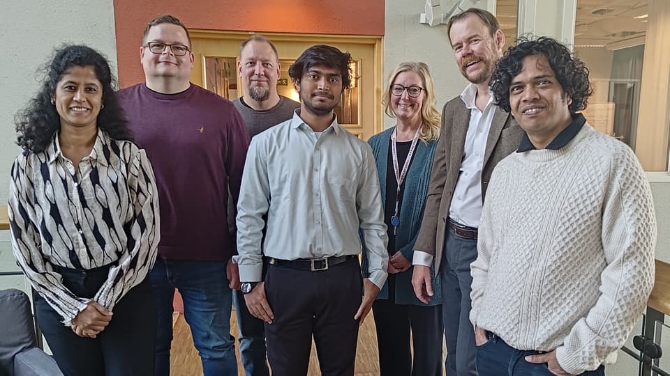 En grupp personer står tillsammans och tittar in i kameran. 