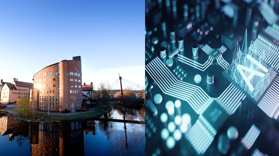 Ett montage med campus och en bild där det står AI