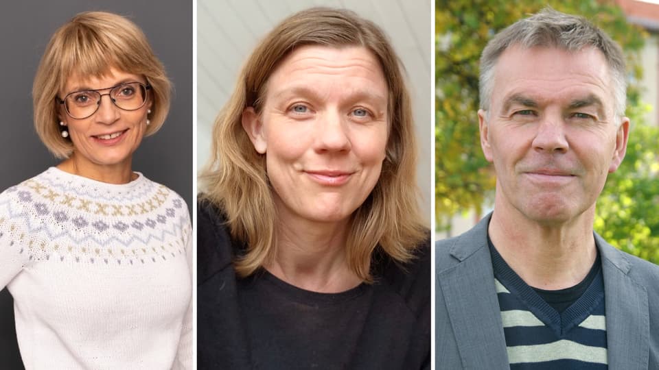 Tre porträtt i rad, två kvinnor och en man.