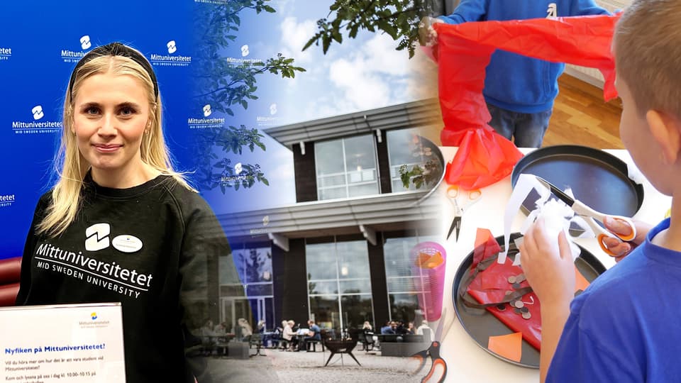 Kollage med Mittuniversitets fasad, en ung kvinna i Mittuniversitetet-tröja och ett barn som pysslar med papper och sax.