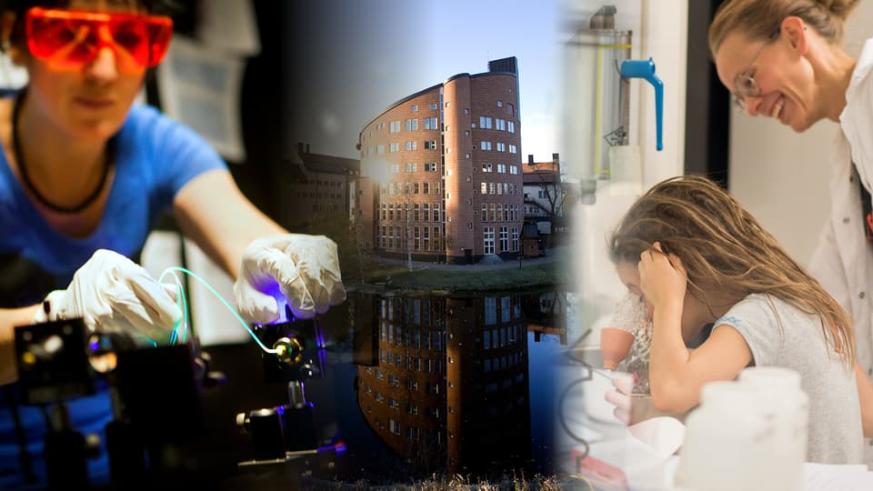 Kollage med Mittuniversitets fasad, en person i laserlabbet och en forskare i vit rock tillsammans med ett barn.