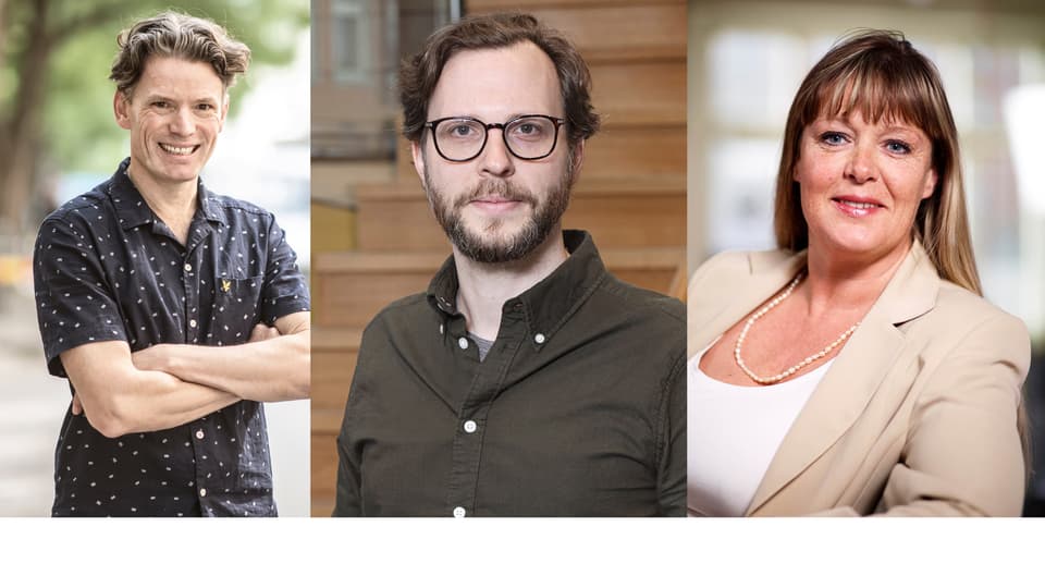 ett collage av porträtt på två män och en kvinna