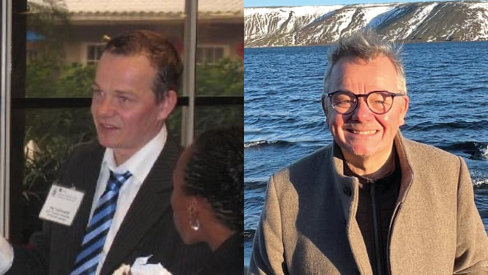 Två porträttbilder på en man, den vänstra visar honom för 20 år sedan och den högra visar honom idag.