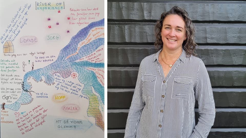 Bildcollage med en teckning och en leende kvinna