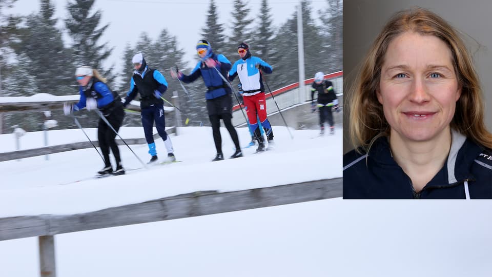 Längdskidåkare passerar i spåret, i högra hörnet är ett porträtt av Martina Höök inklippt