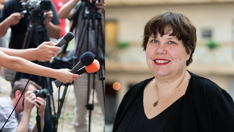 collage av mikrofoner och en kvinna som ler mot kameran