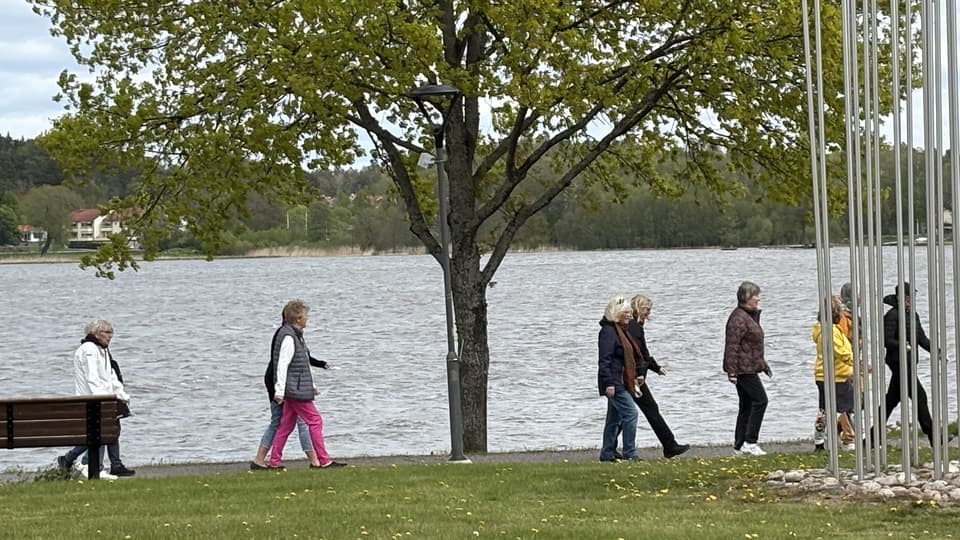 Ett antal damer som promenerar längs vattnet i Strängnäs. 