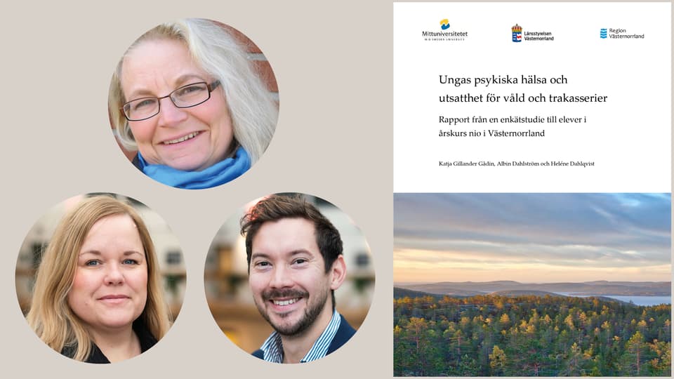 Kollage med tre runda porträttbilder med två kvinnor och en man bredvid en framsida av en tryckt rapport.
