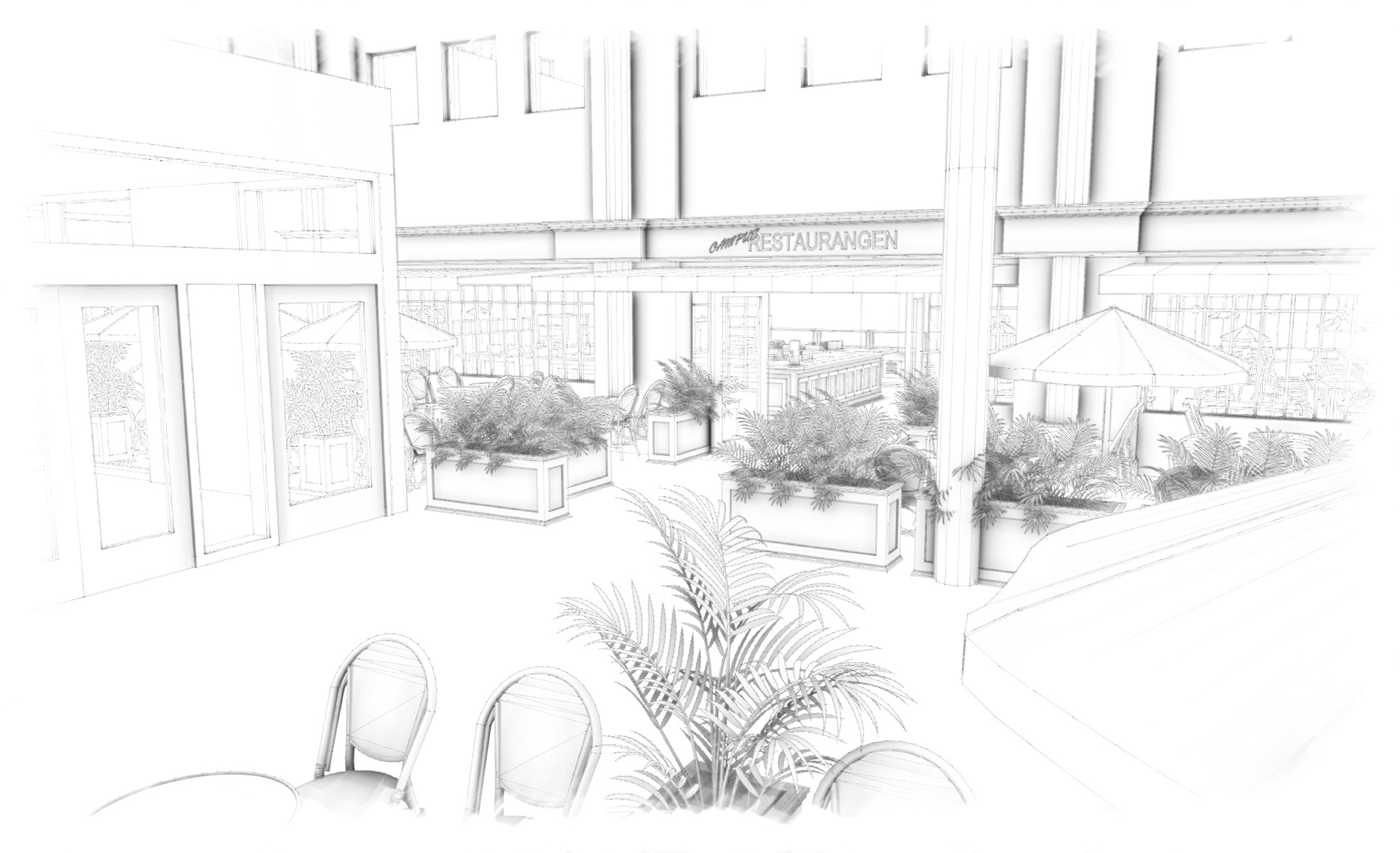 Svartvit illustration av en restaurangmiljö.