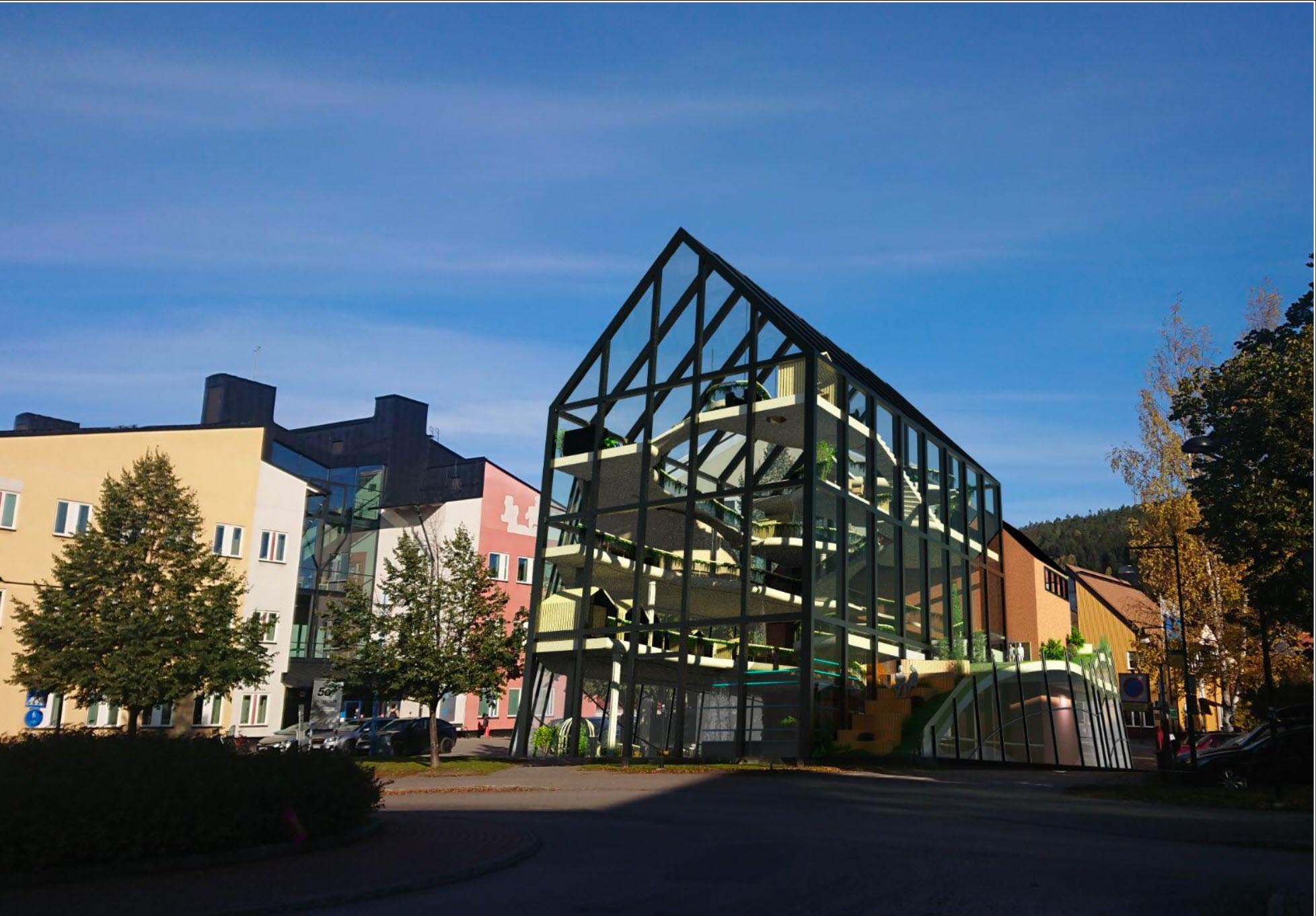 Ett glashus bland andra hus