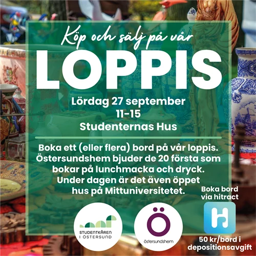 Affisch med texten Köp och sälj på vår loppis. Bakom texten skymtar ett loppisbord med blandat porslin.